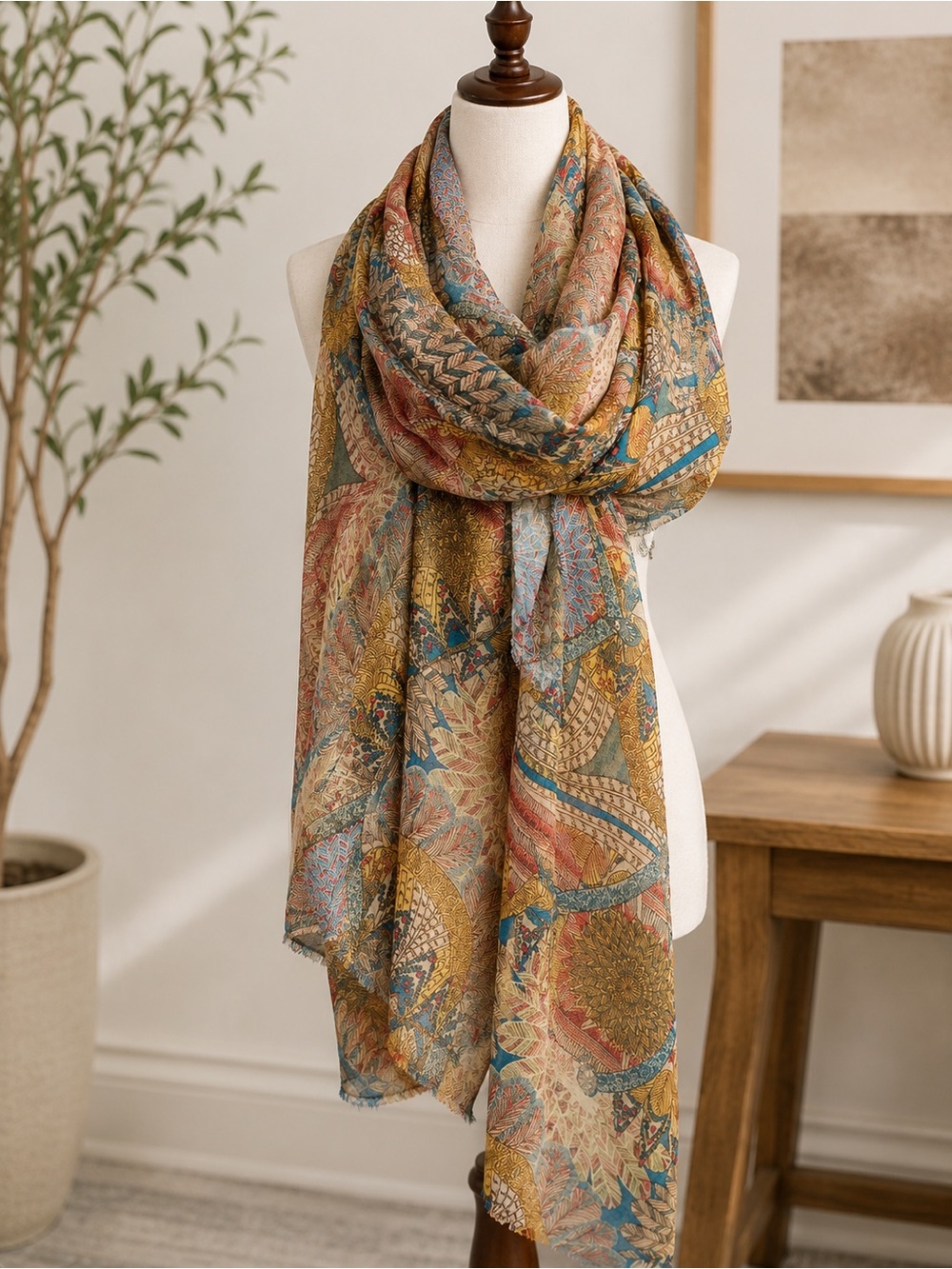 Tasha Oversized Square Scarf Shawl Wrap Boho Folk Art Print 70” x 70”